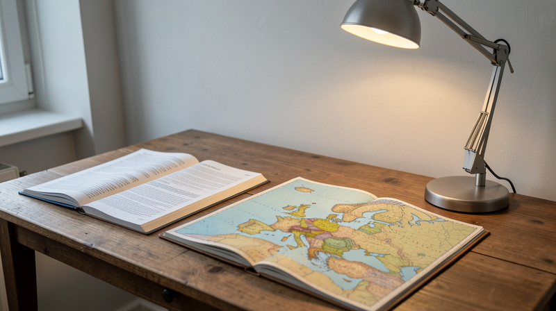 Une table de travail en bois avec des documents imprimés, un atlas ouvert et une carte de l'Europe, éclairée par une lampe de bureau, dans un cadre sobre.
