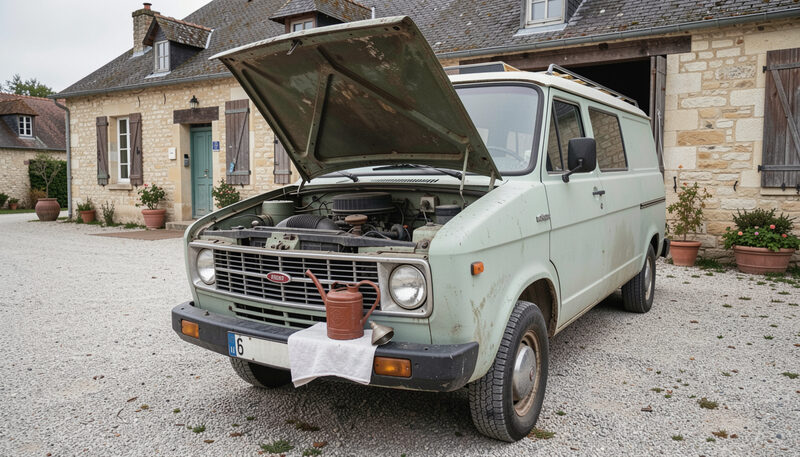 Photographie illustrant : l'entretien courant du véhicule de tournée, scene preparee pour le magazine Le Rideau de Bourgogne.