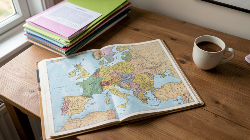 Une table de travail en bois près d'une fenêtre, avec des dossiers, un atlas ouvert sur une carte d'Europe et une tasse de café, lumière naturelle douce du matin, cadrage serré en plongée.